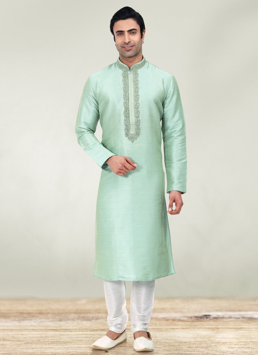 Kurta Pyjama Art Banarasi Silk Green Embroidered Mens