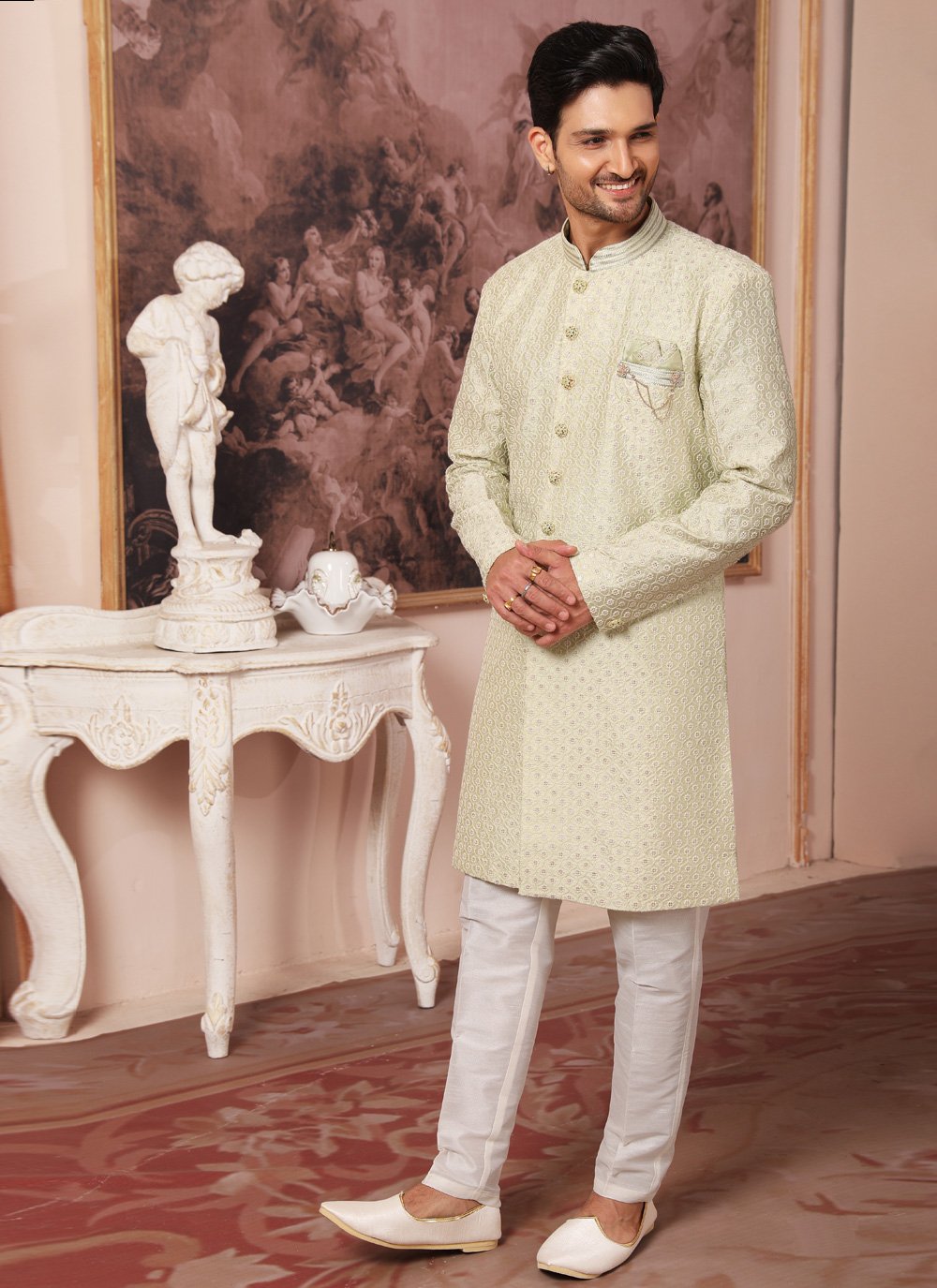 Indo Western Art Silk Green Embroidered Mens