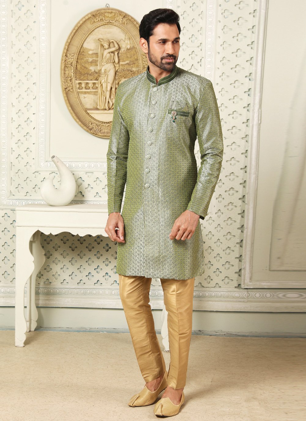 Indo Western Art Silk Green Embroidered Mens