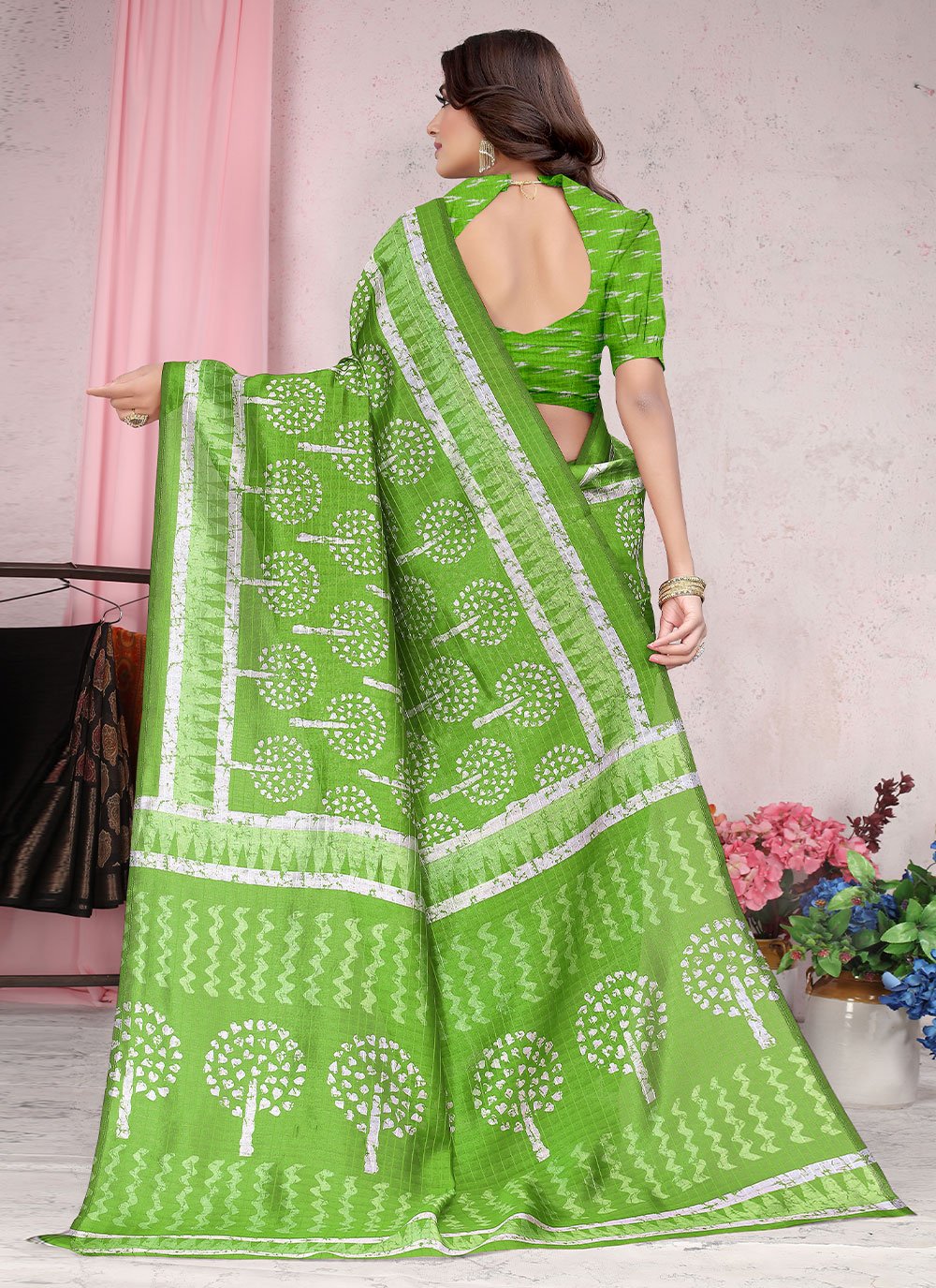 Classic Art Silk Green Block Print Saree