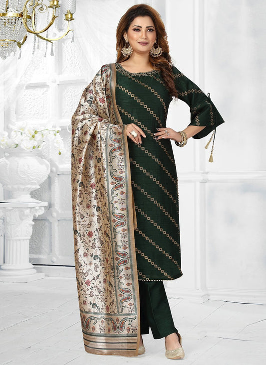 Straight Salwar Suit Art Silk Green Embroidered Salwar Kameez