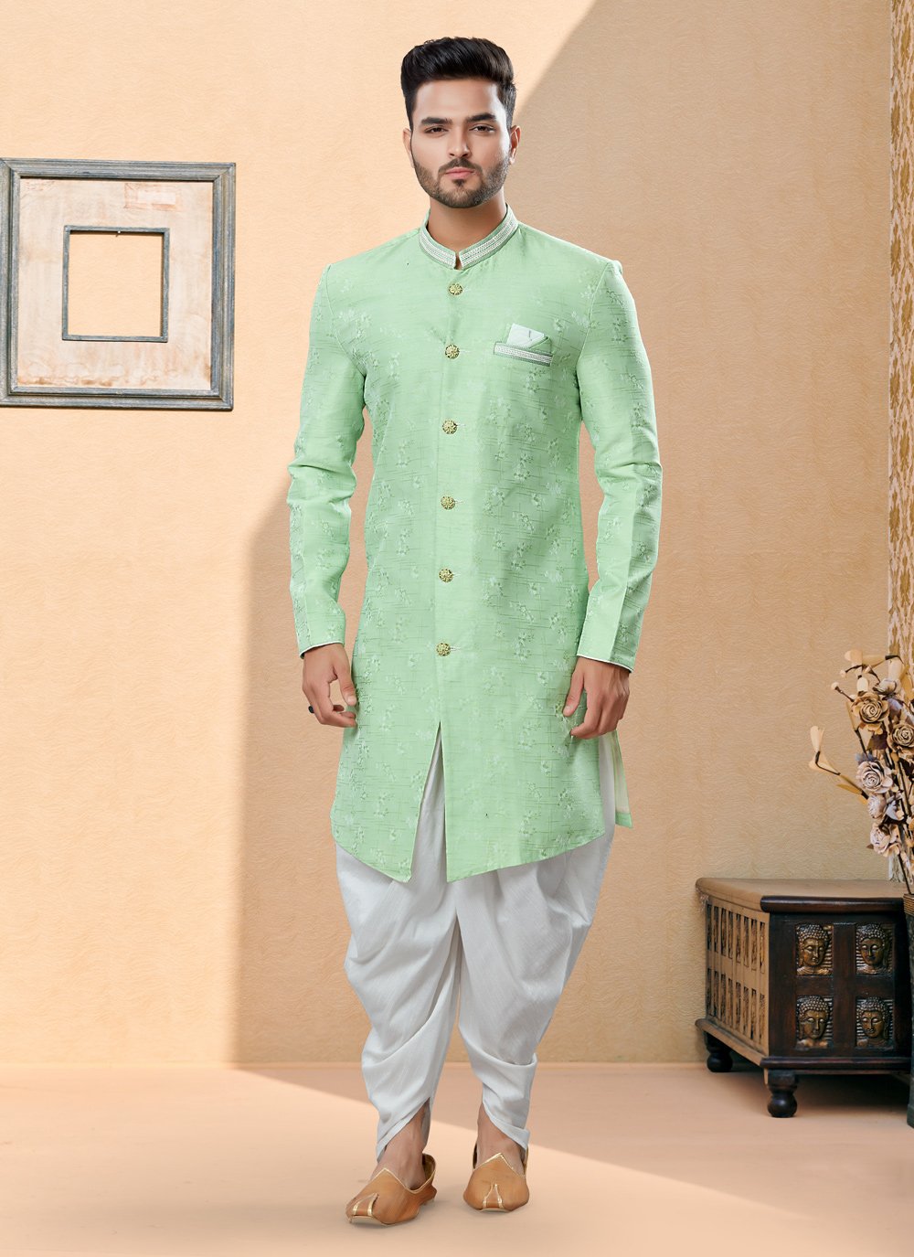 Indo Western Sherwani Banarasi Jacquard Green Thread Mens