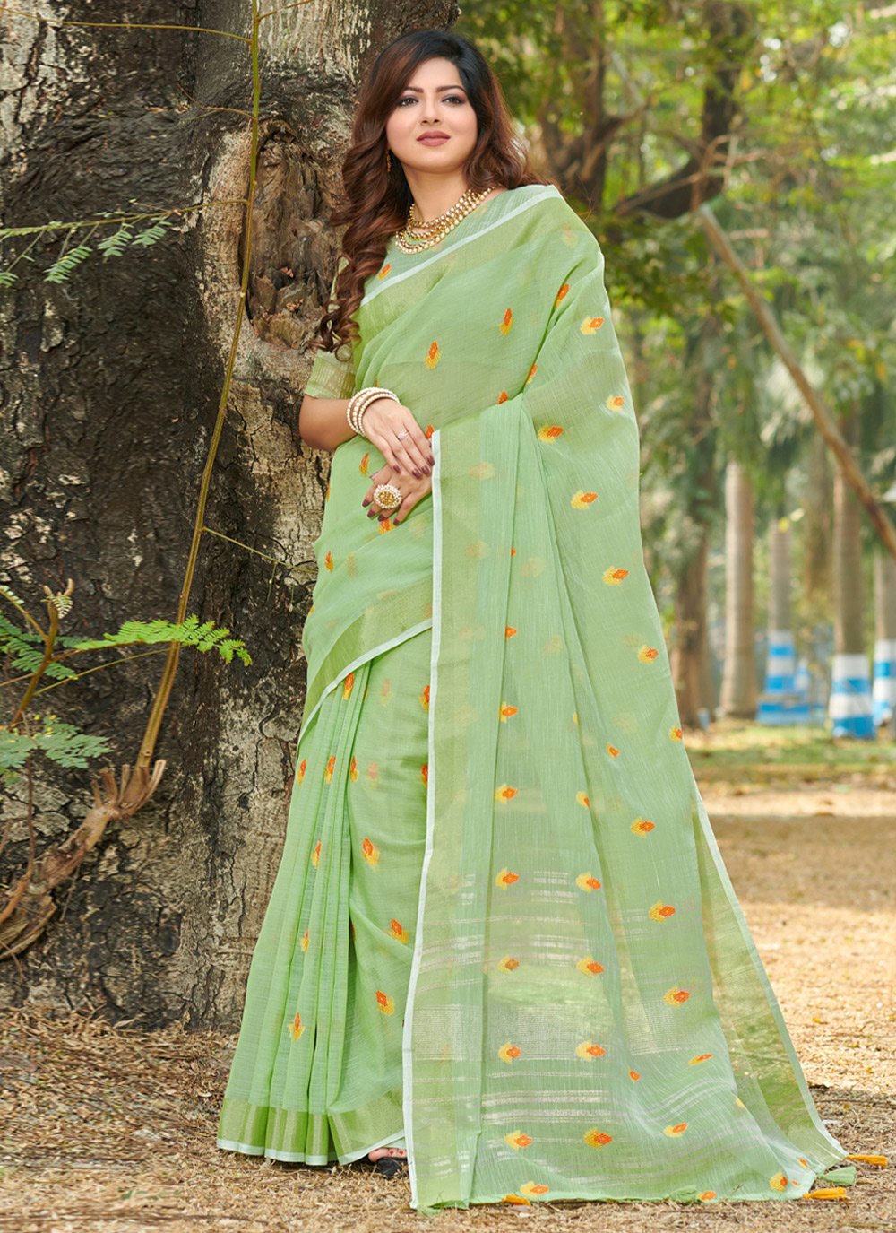 Casual Linen Green Weaving Saree