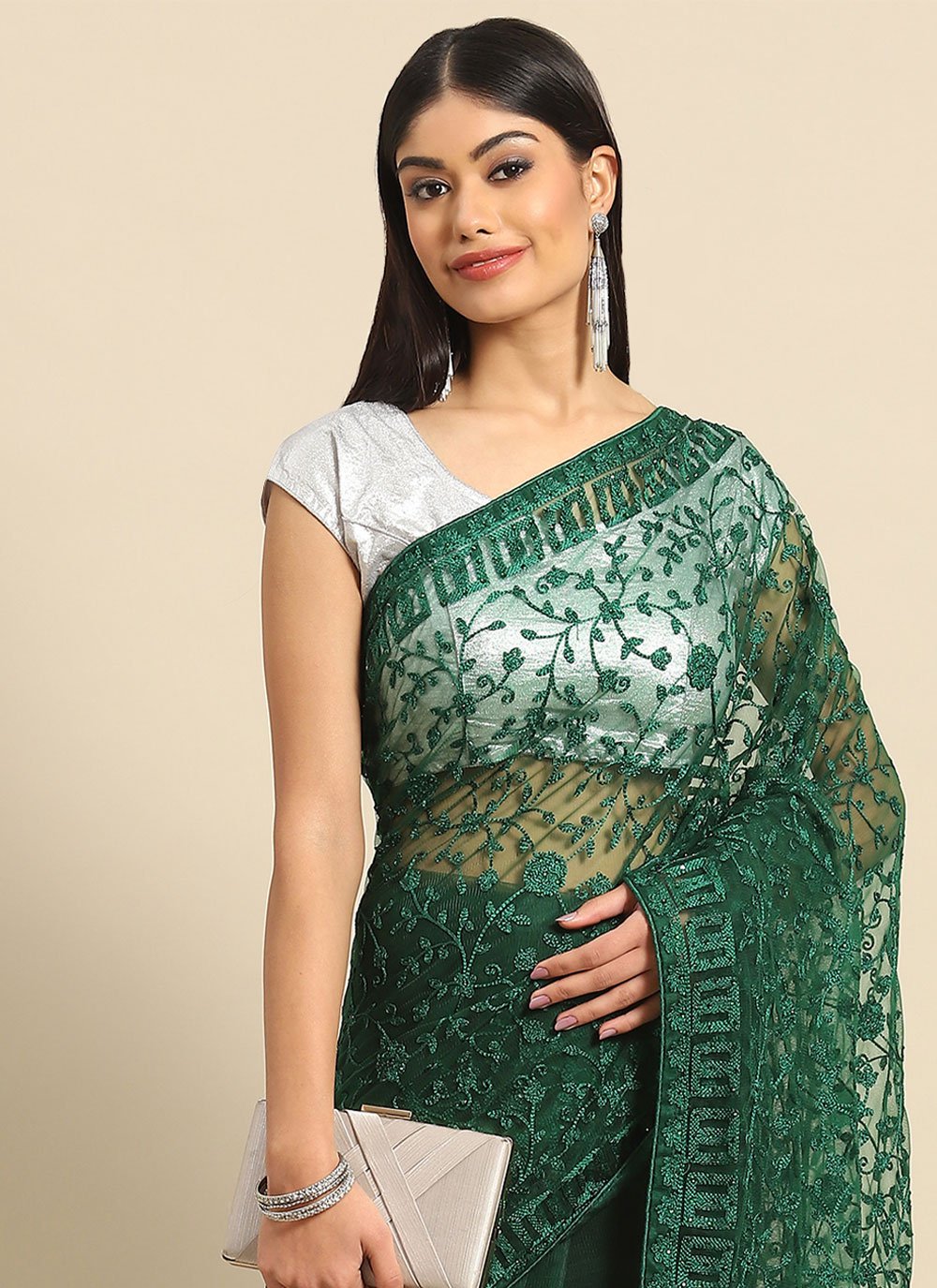 Casual Net Green Embroidered Saree