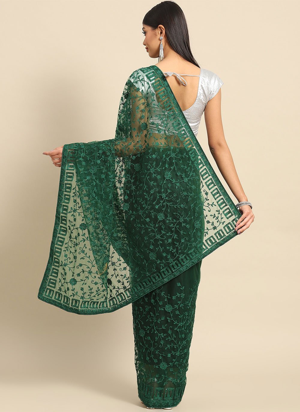 Casual Net Green Embroidered Saree