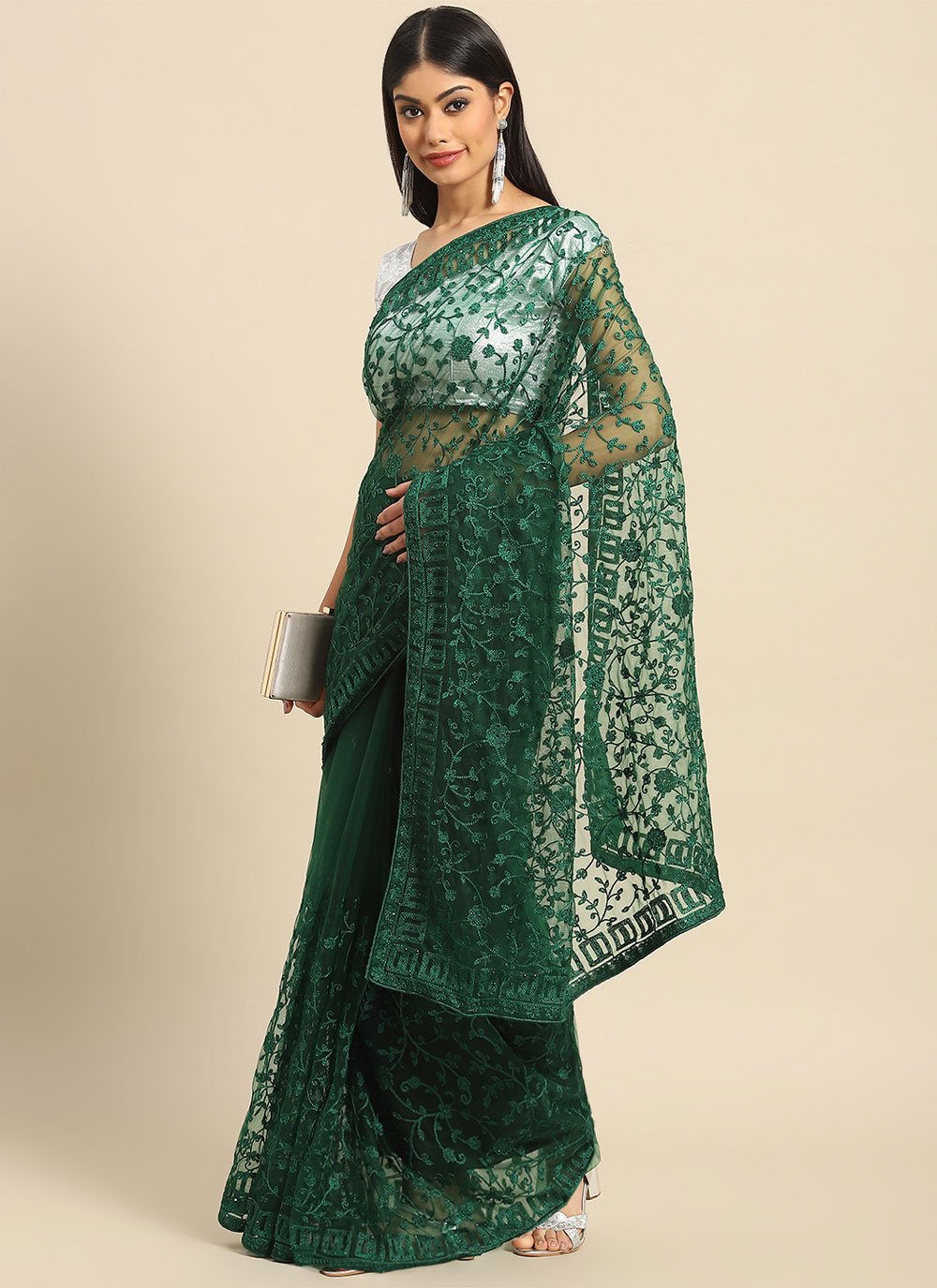 Casual Net Green Embroidered Saree