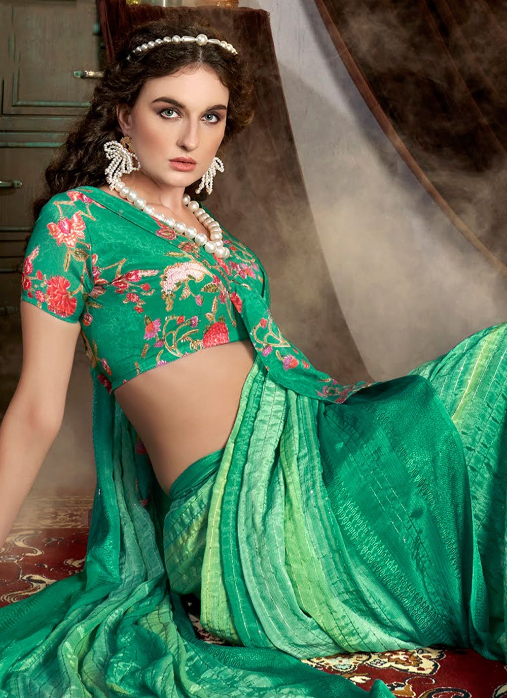 Classic Chinon Green Print Saree