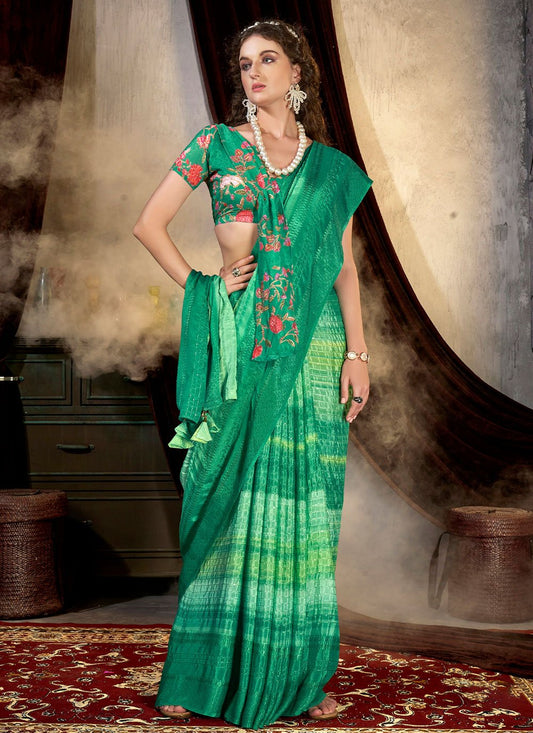 Classic Chinon Green Print Saree