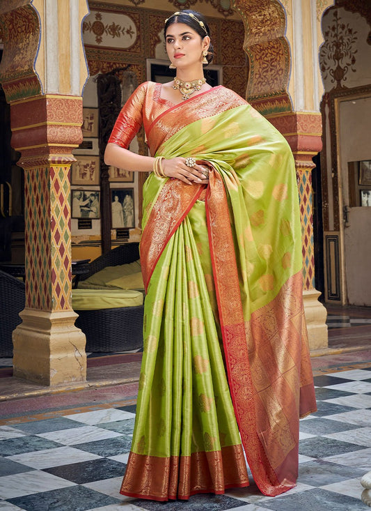 Classic Banarasi Silk Handloom Silk Tissue Green Weaving Saree