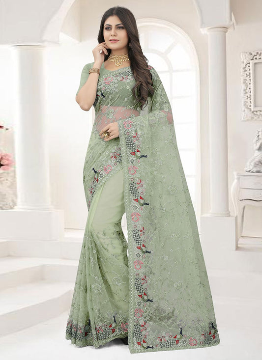 Contemporary Net Green Embroidered Saree