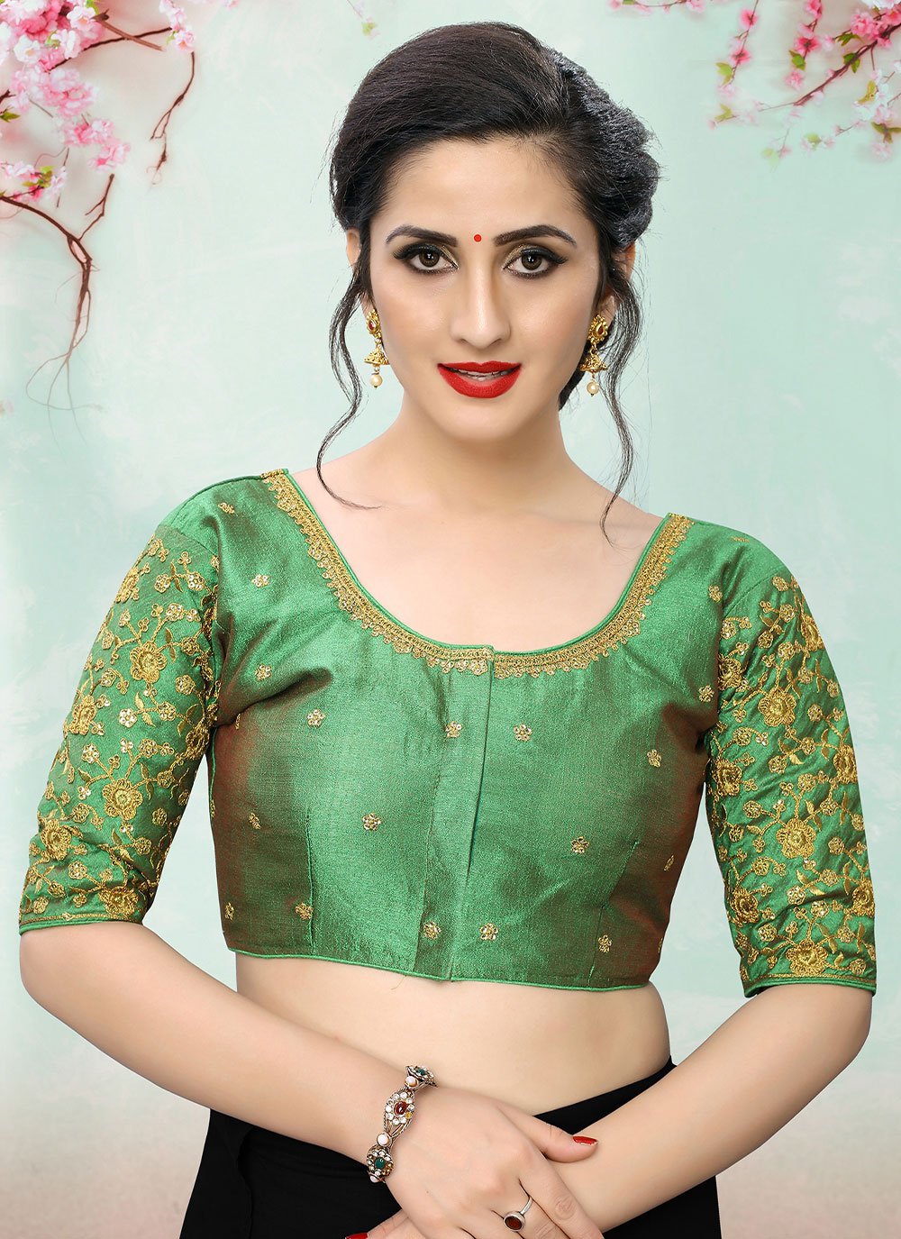 Designer Blouse Silk Green Embroidered Blouse