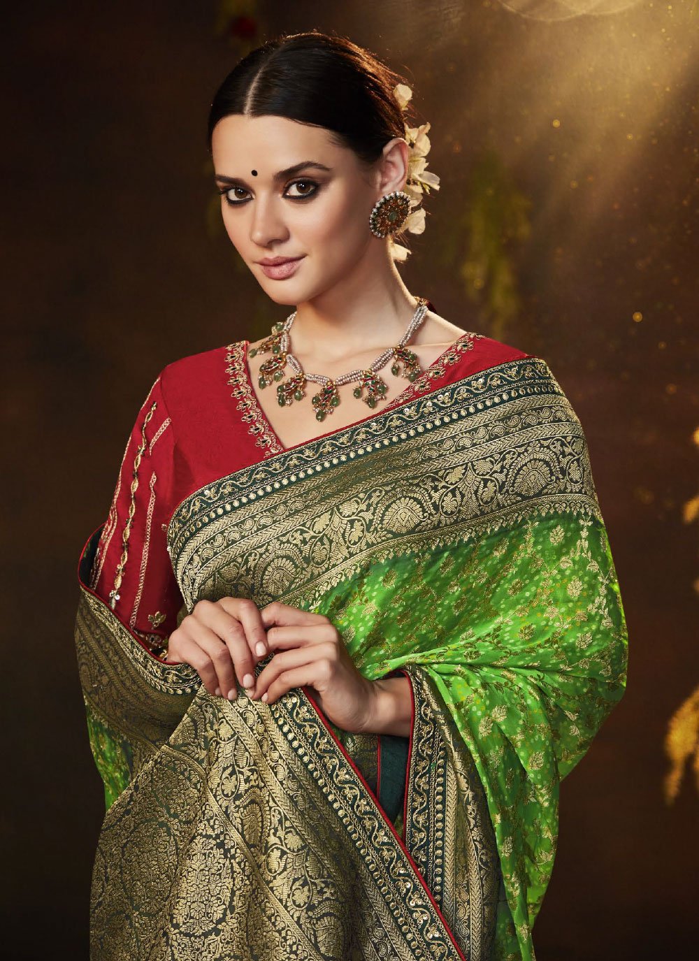 Designer Silk Green Bandhej Saree