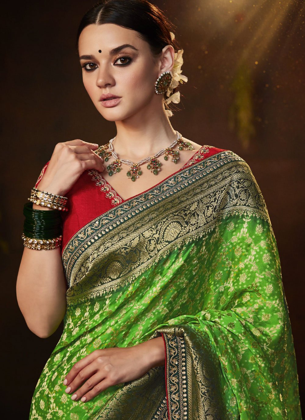 Designer Silk Green Bandhej Saree