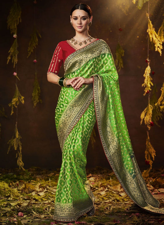 Designer Silk Green Bandhej Saree