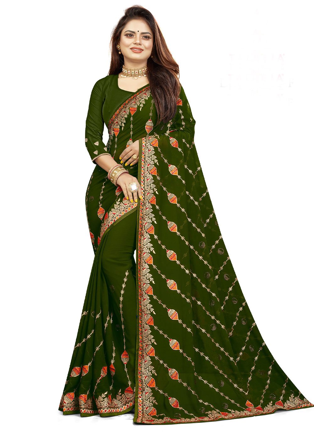 Contemporary Fancy Fabric Green Embroidered Saree