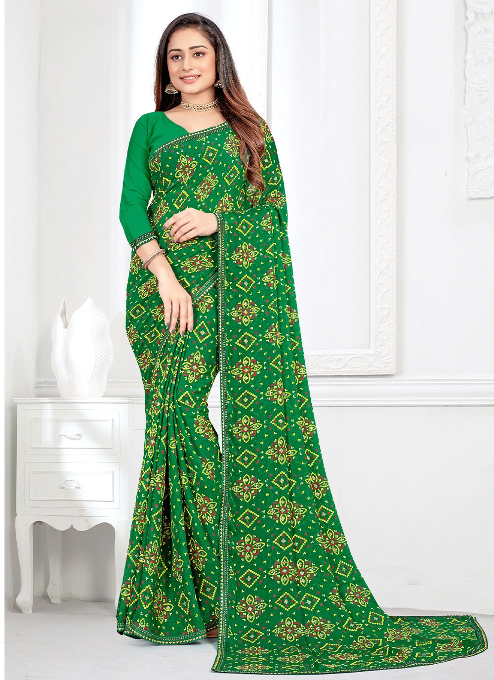 Classic Faux Crepe Green Bandhej Saree