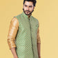 Nehru Jackets Jacquard Silk Green Embroidered Mens