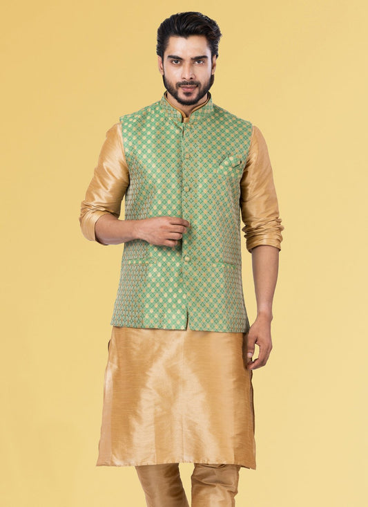 Nehru Jackets Jacquard Silk Green Embroidered Mens