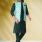 Kurta Payjama With Jacket Banarasi Silk Green Print Mens