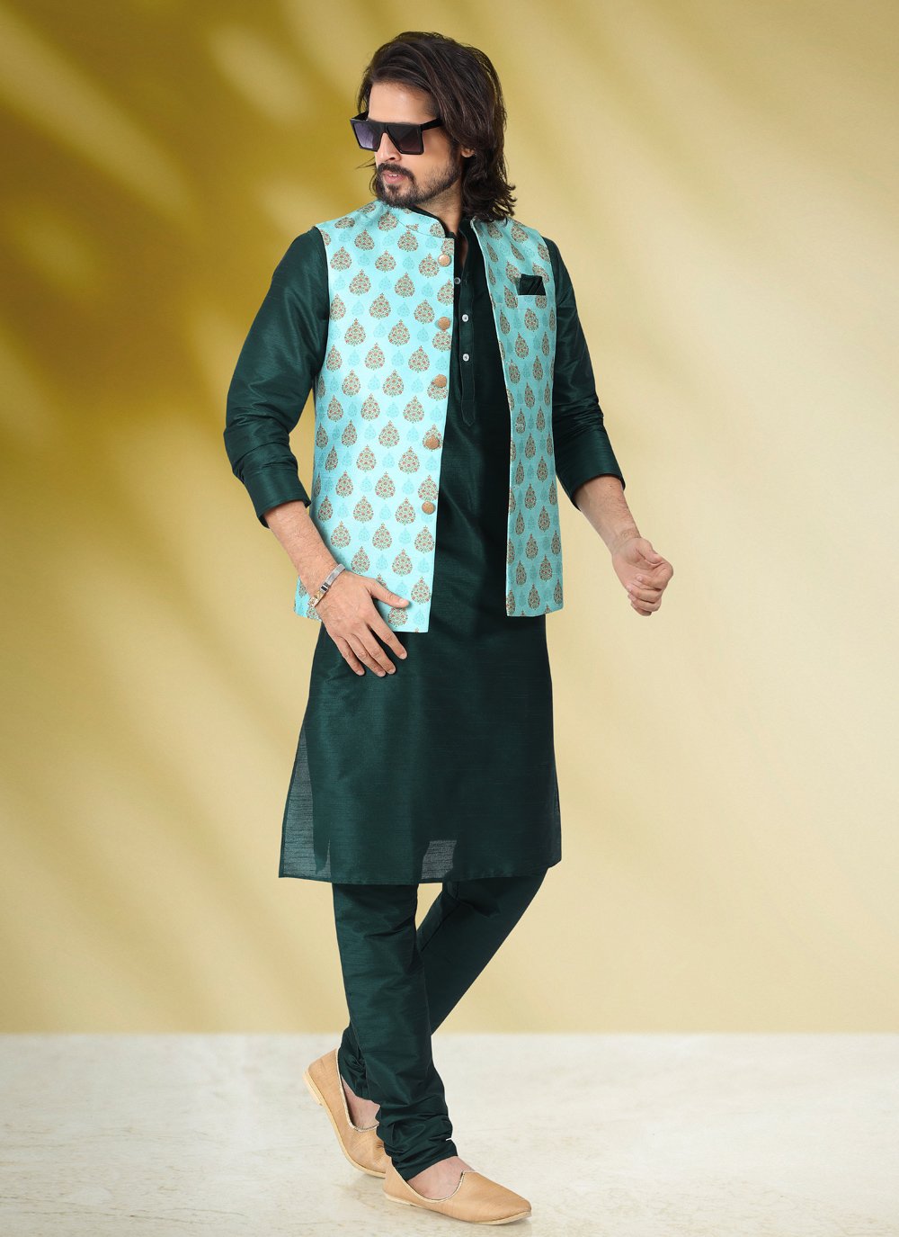 Kurta Payjama With Jacket Banarasi Silk Green Print Mens