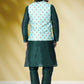 Kurta Payjama With Jacket Banarasi Silk Green Print Mens