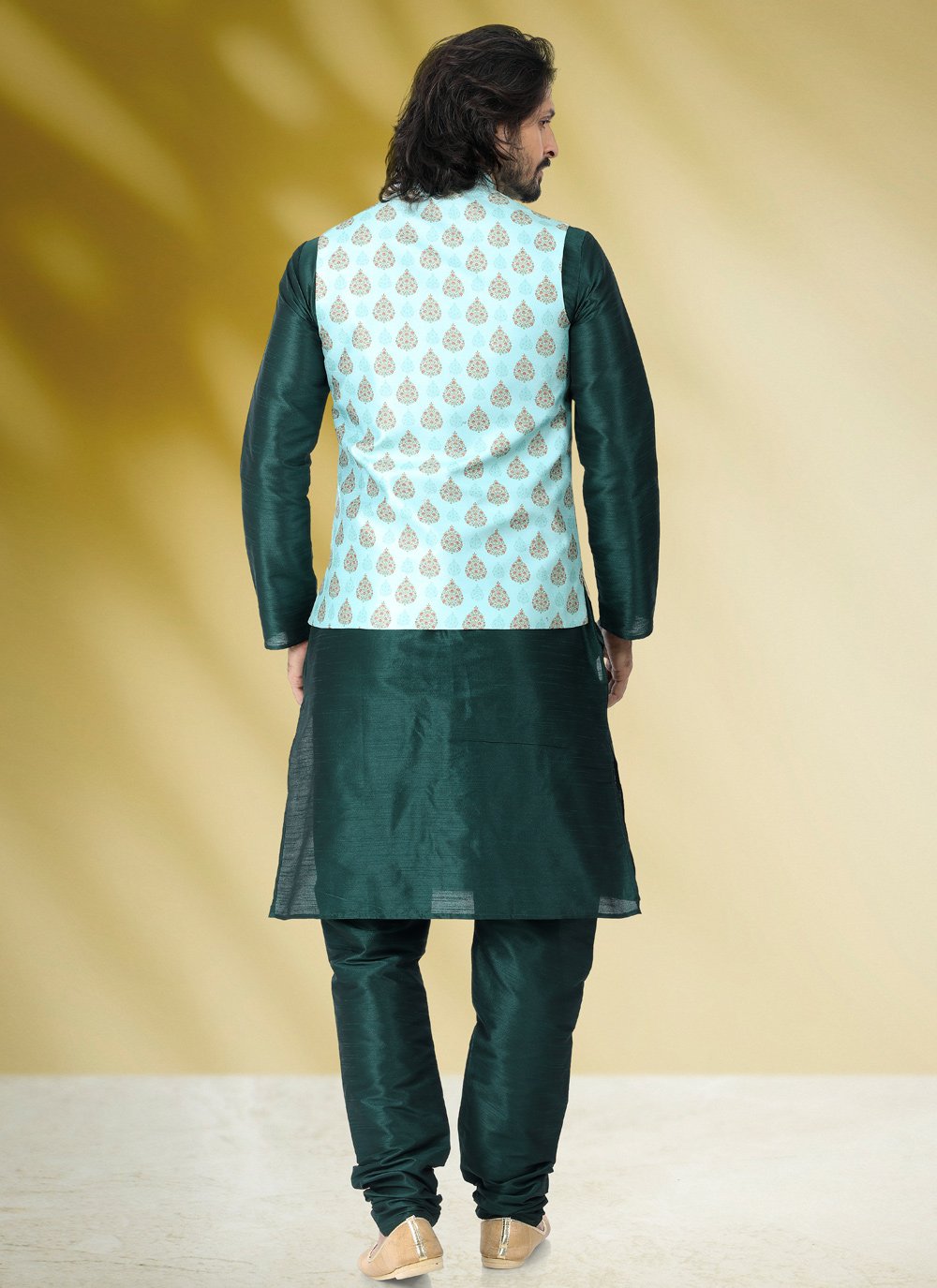 Kurta Payjama With Jacket Banarasi Silk Green Print Mens