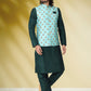 Kurta Payjama With Jacket Banarasi Silk Green Print Mens