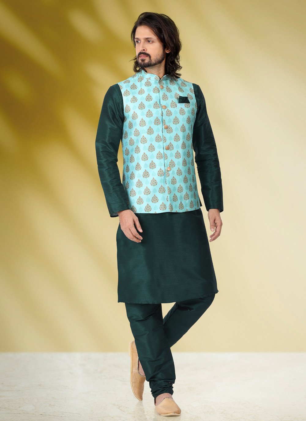 Kurta Payjama With Jacket Banarasi Silk Green Print Mens