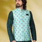 Kurta Payjama With Jacket Banarasi Silk Green Print Mens