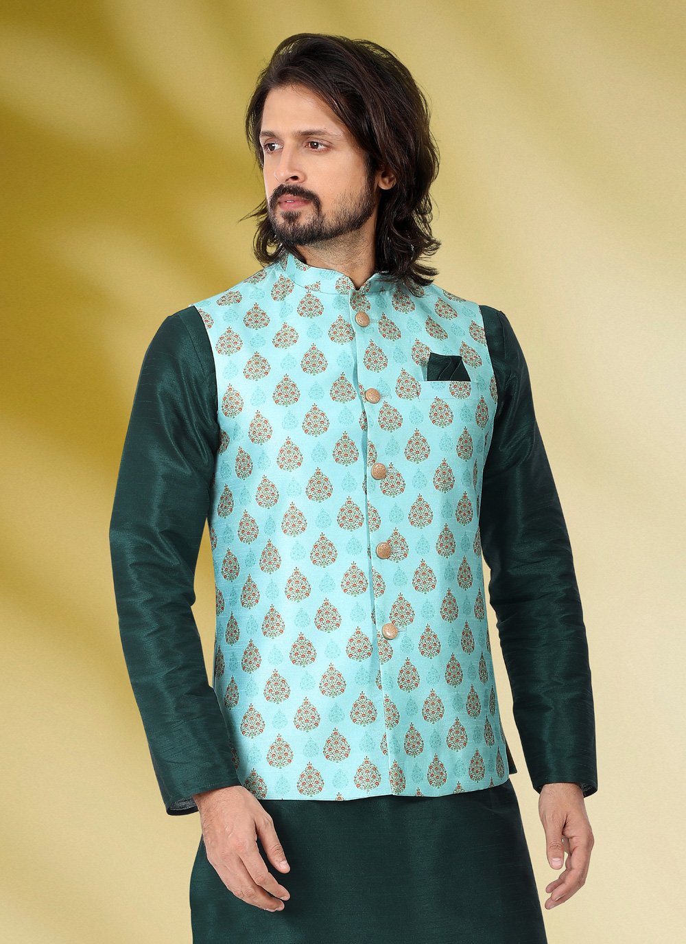 Kurta Payjama With Jacket Banarasi Silk Green Print Mens