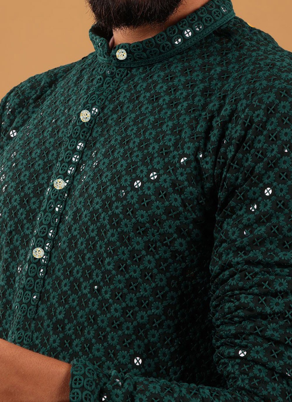 Kurta Pyjama Cotton Green Chikankari Work Mens