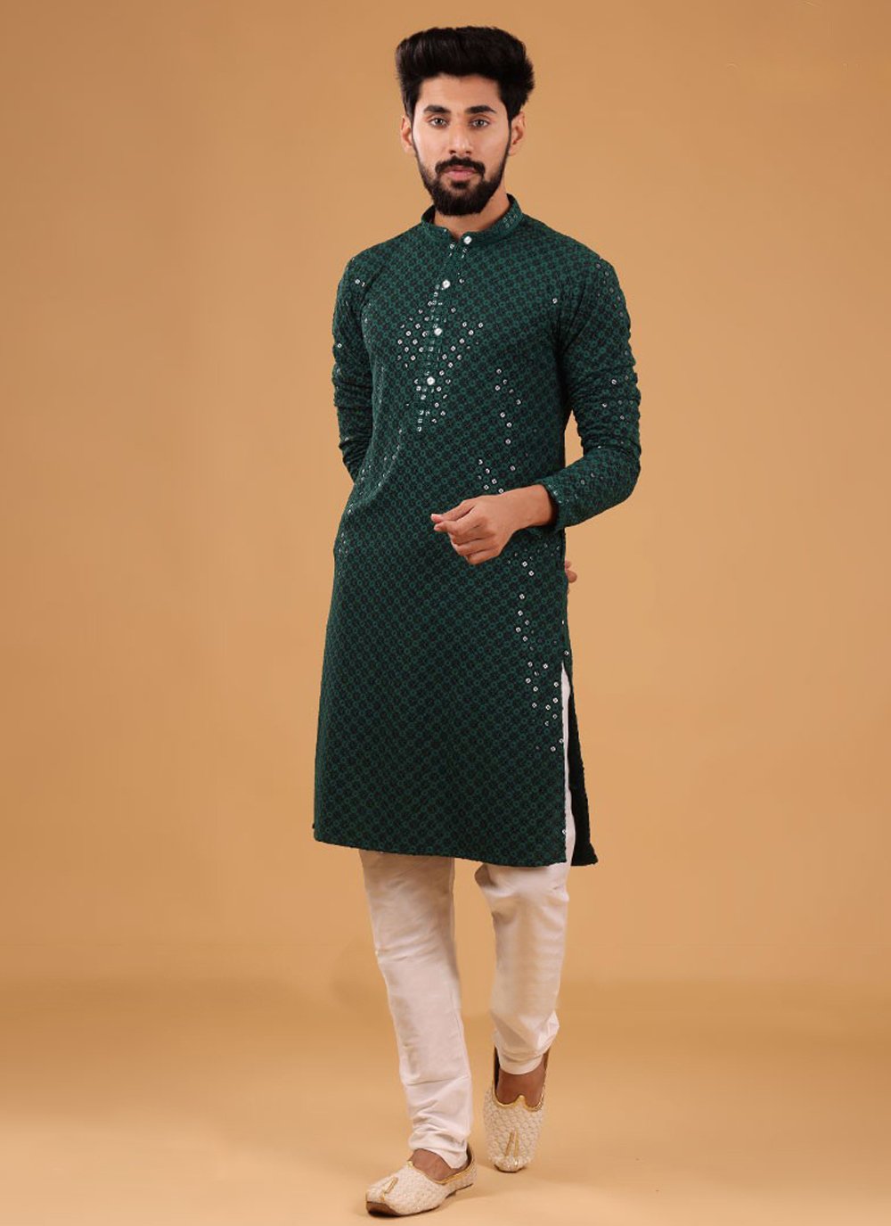 Kurta Pyjama Cotton Green Chikankari Work Mens