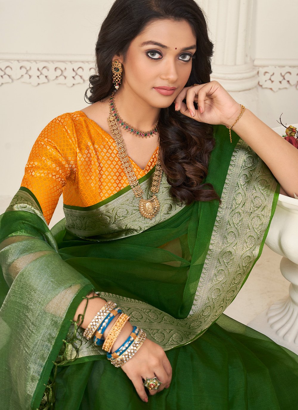 Contemporary Organza Green Patch Border Saree