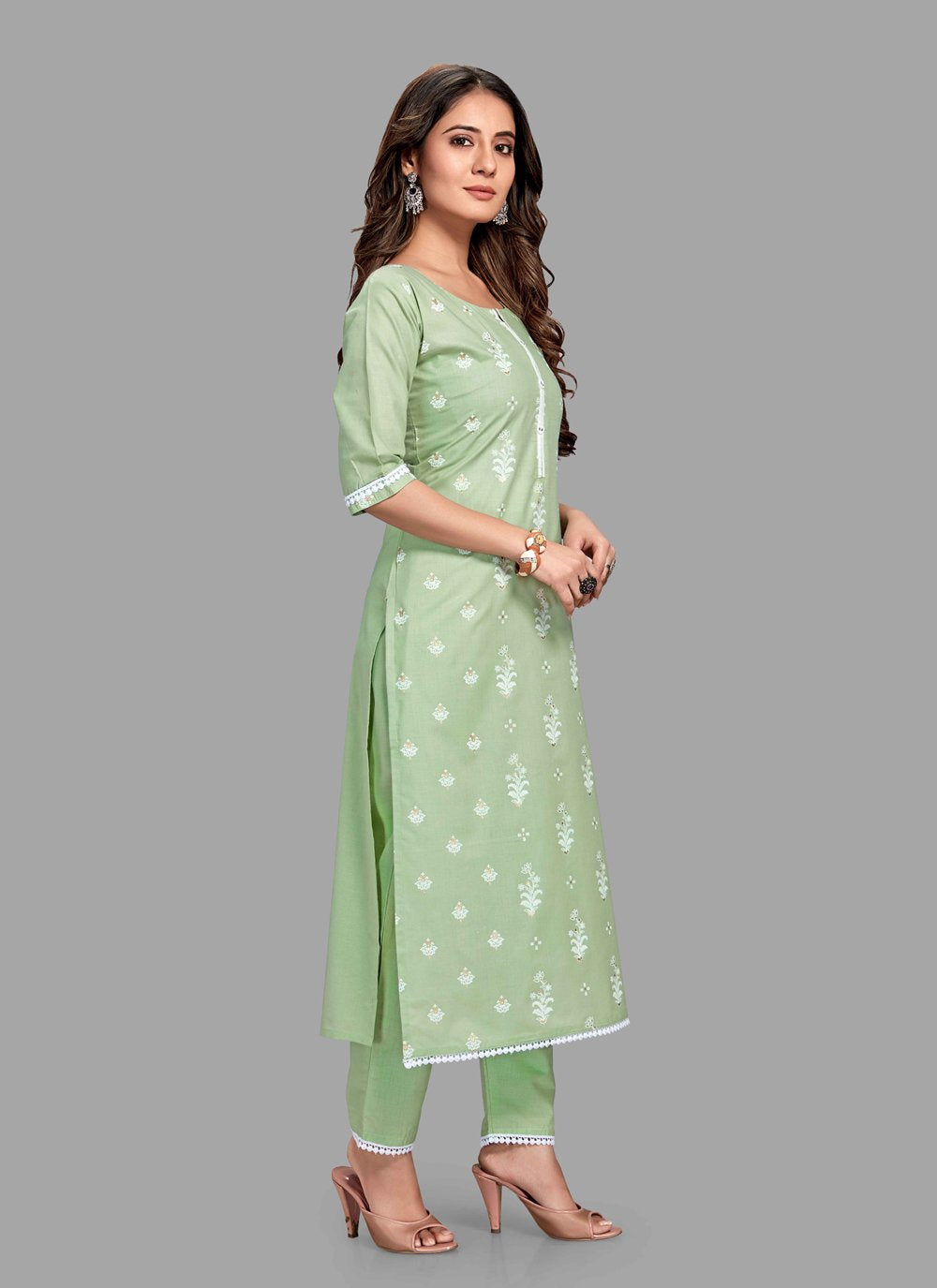 Pant Style Suit Blended Cotton Green Block Print Salwar Kameez