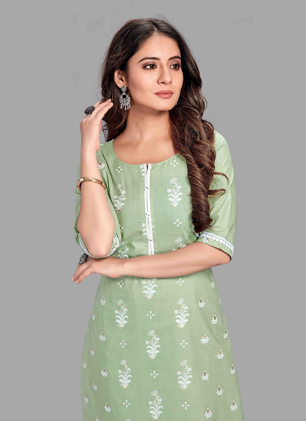 Pant Style Suit Blended Cotton Green Block Print Salwar Kameez