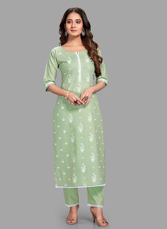 Pant Style Suit Blended Cotton Green Block Print Salwar Kameez