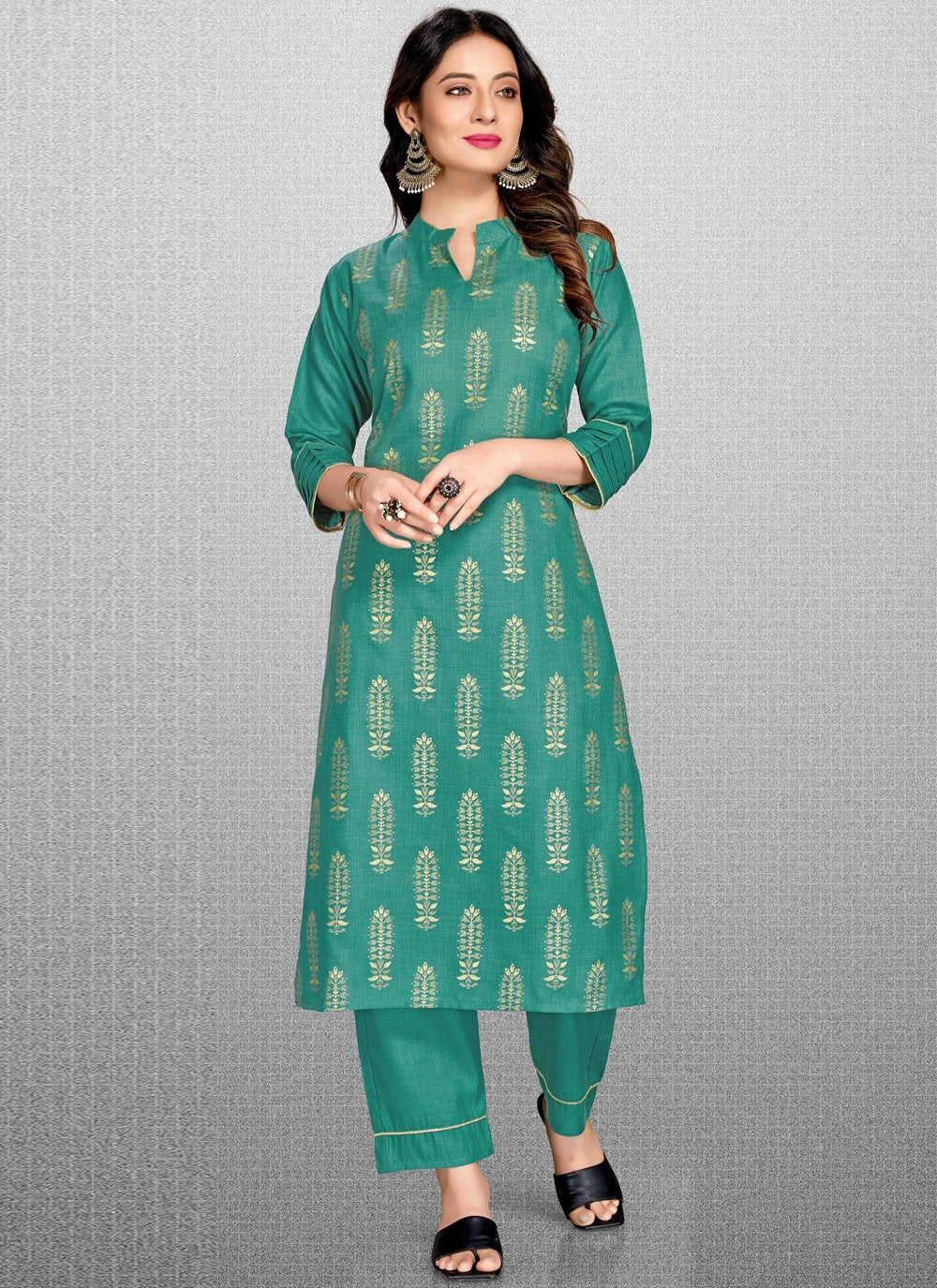 Pant Style Suit Blended Cotton Green Print Salwar Kameez