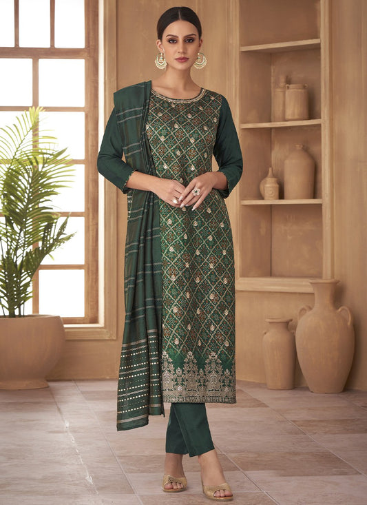 Pant Style Suit Jacquard Silk Green Print Salwar Kameez