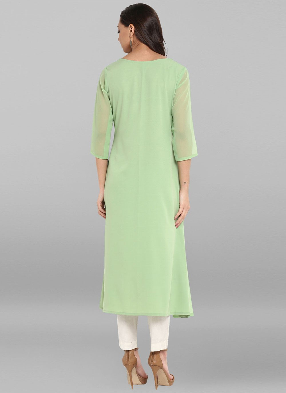 Party Wear Kurti Faux Crepe Green Print Kurtis