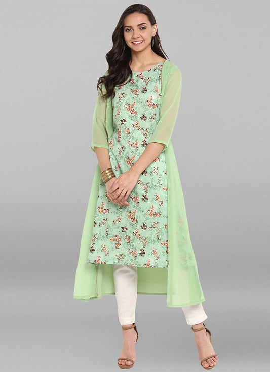 Party Wear Kurti Faux Crepe Green Print Kurtis