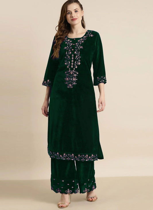 Party Wear Kurti Velvet Green Embroidered Kurtis