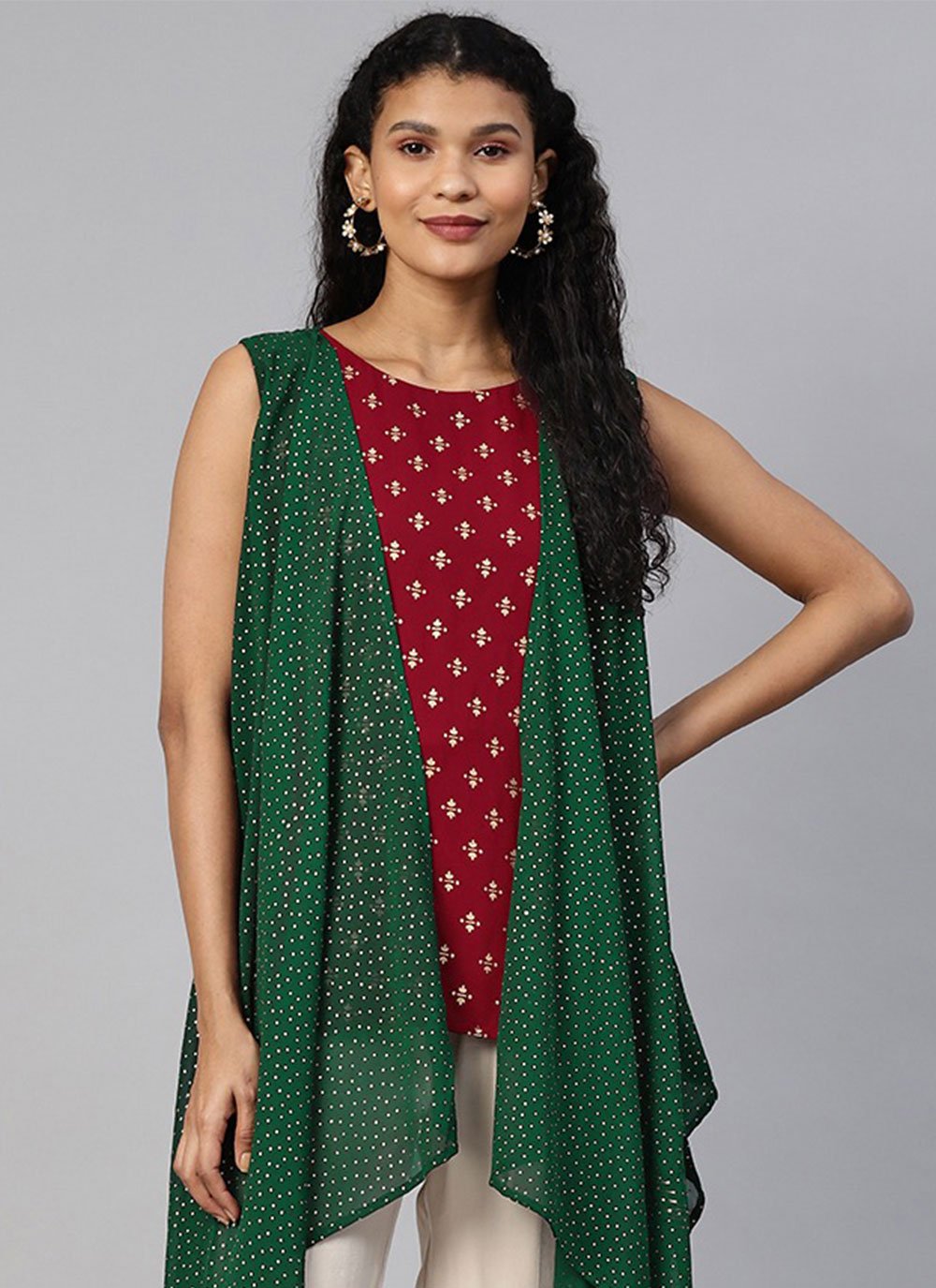 Party Wear Kurti Georgette Green Foil Print Kurtis