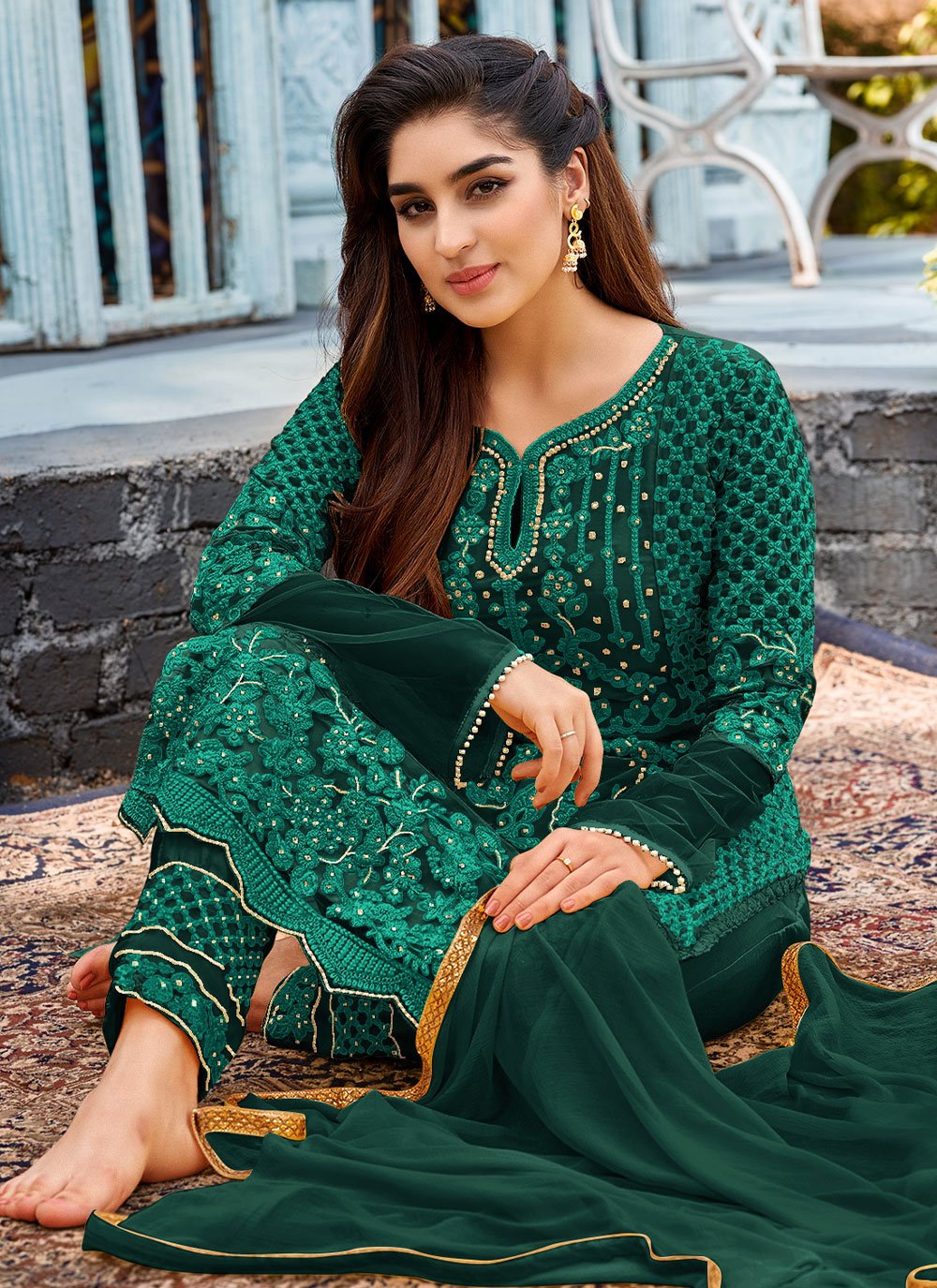 Salwar Suit Faux Georgette Green Embroidered Salwar Kameez