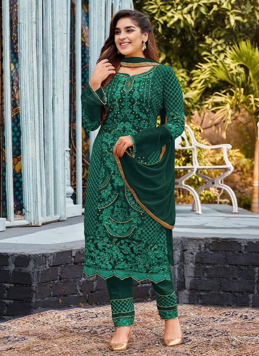 Salwar Suit Faux Georgette Green Embroidered Salwar Kameez