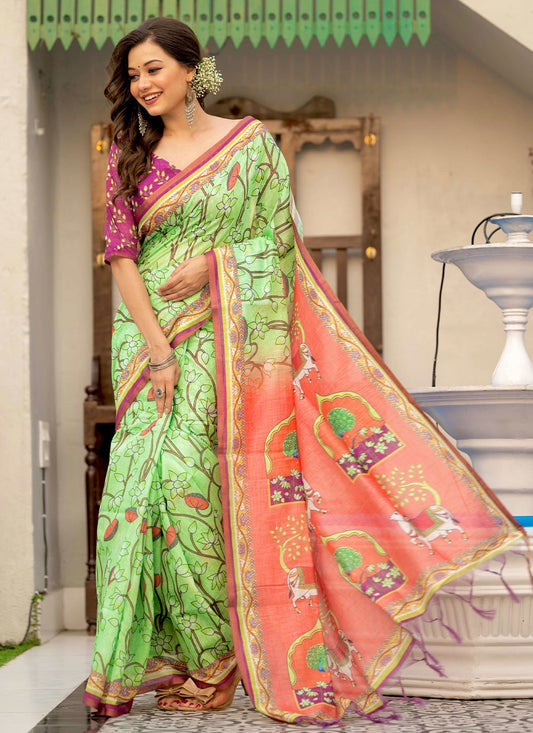 Classic Linen Green Digital Print Saree