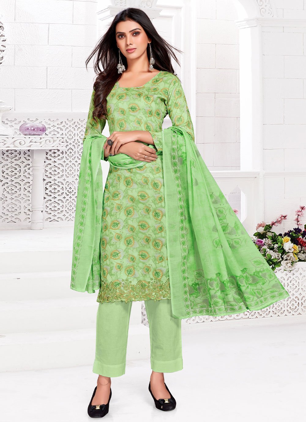 Salwar Suit Cotton Satin Green Print Salwar Kameez