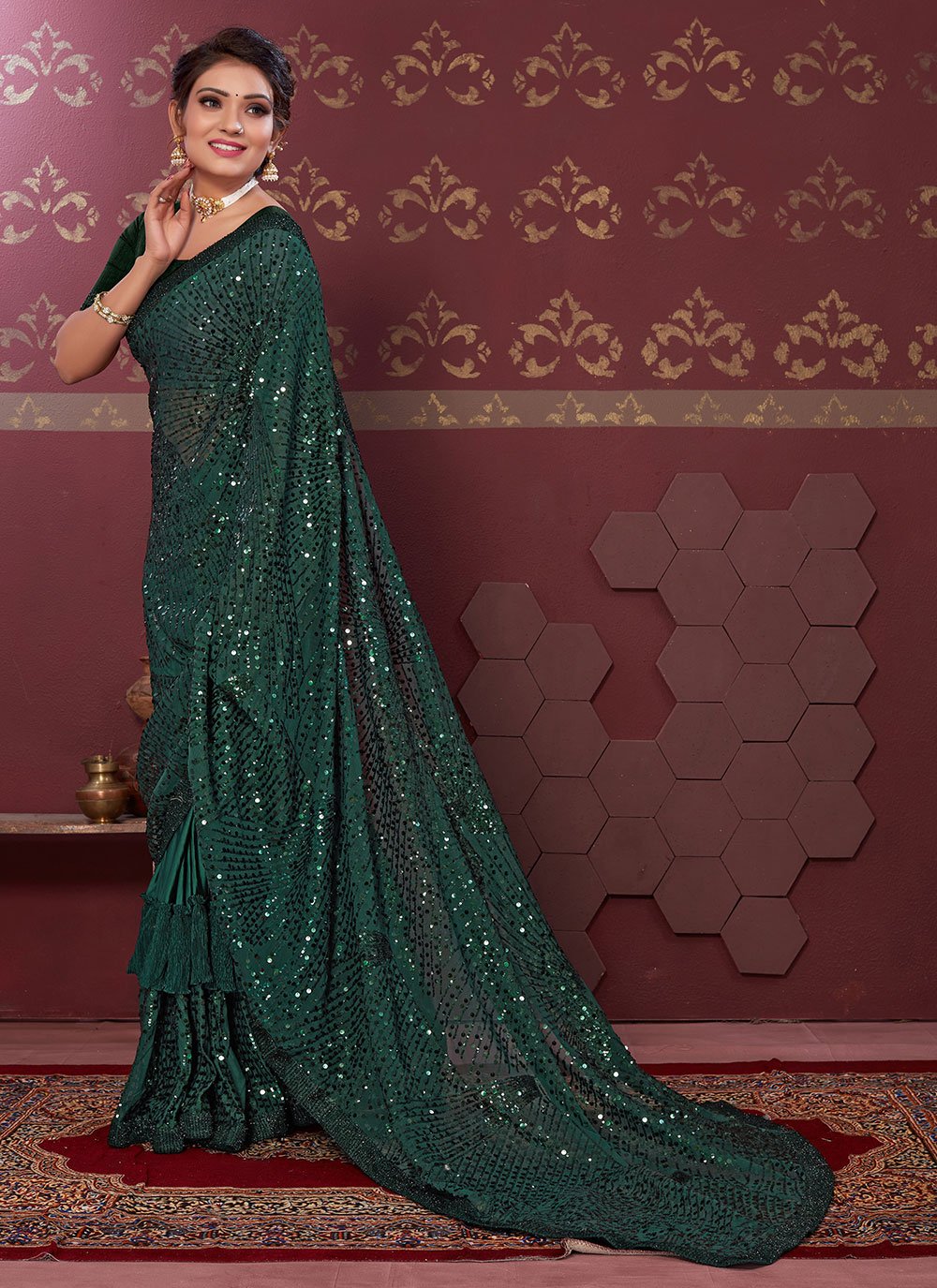 Classic Net Green Embroidered Saree