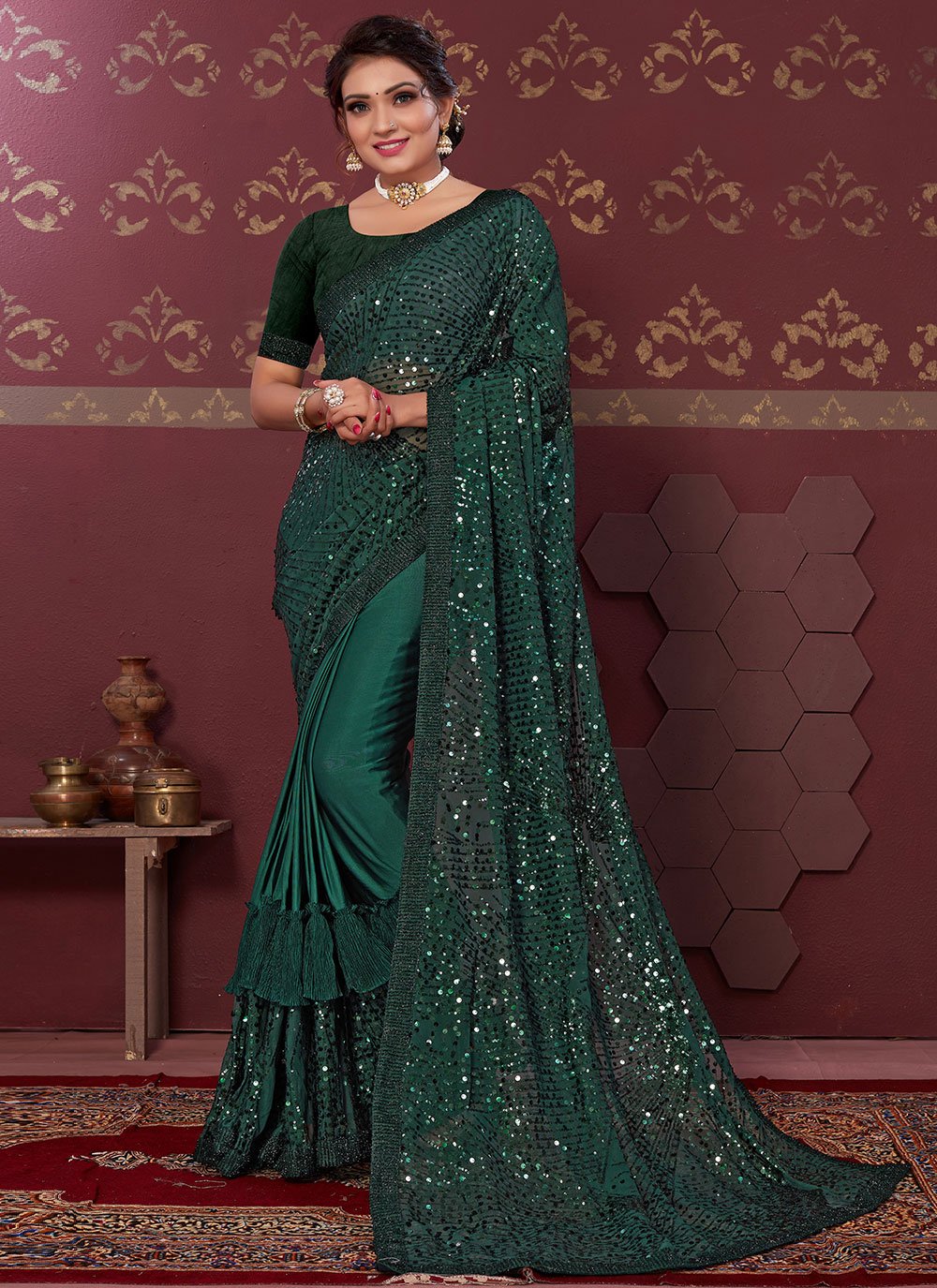 Classic Net Green Embroidered Saree