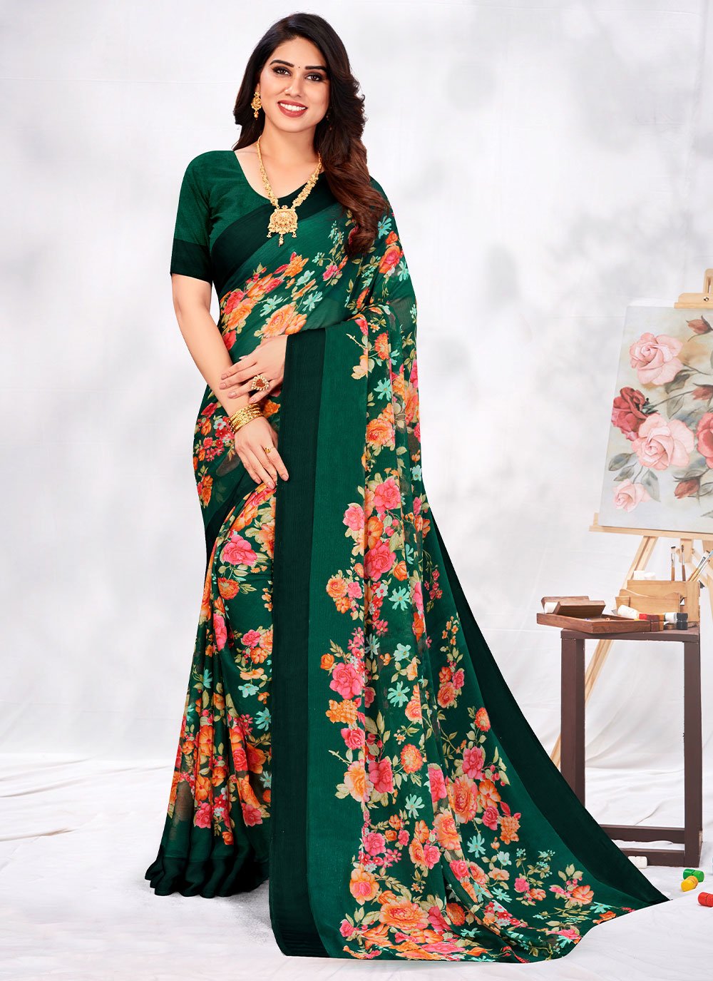 Classic Chiffon Green Floral Patch Saree