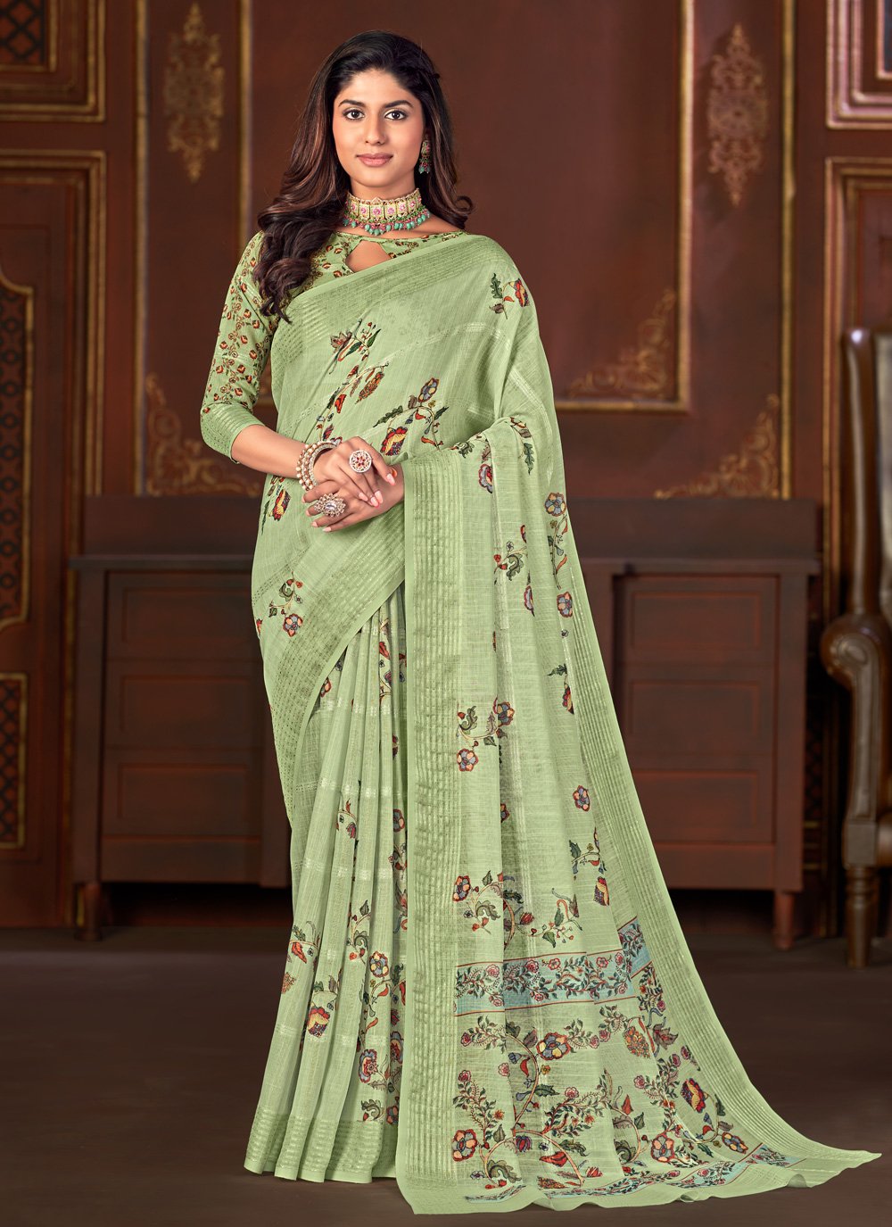 Designer Linen Green Floral Patch Saree